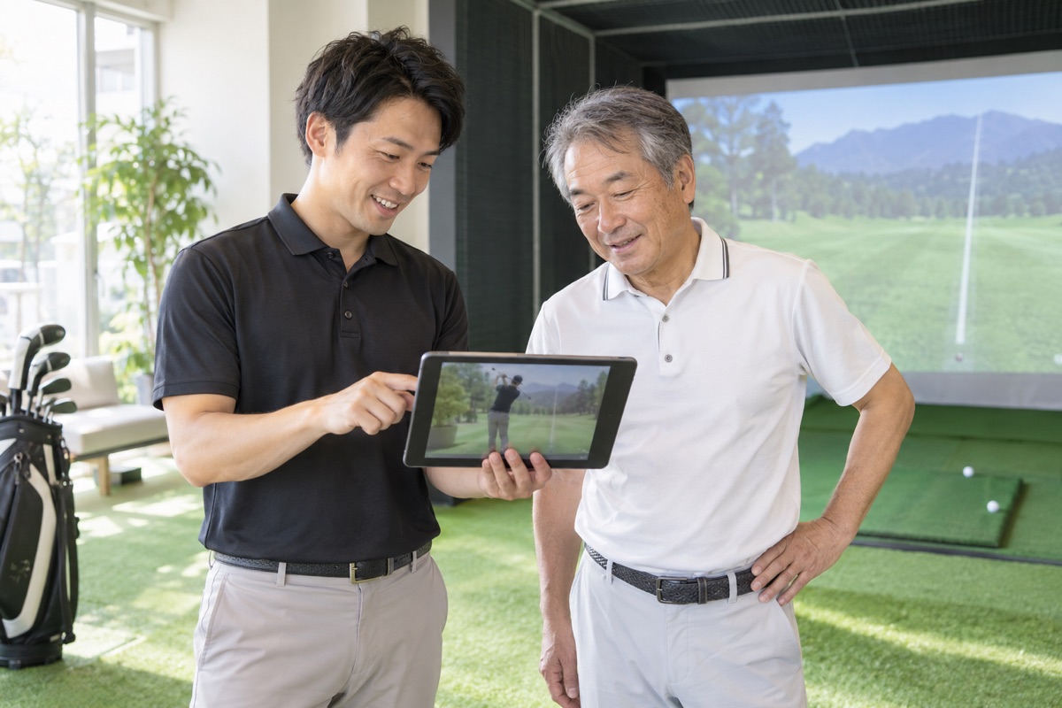 コーチがタブレットでスイングを説明している様子（イメージ）