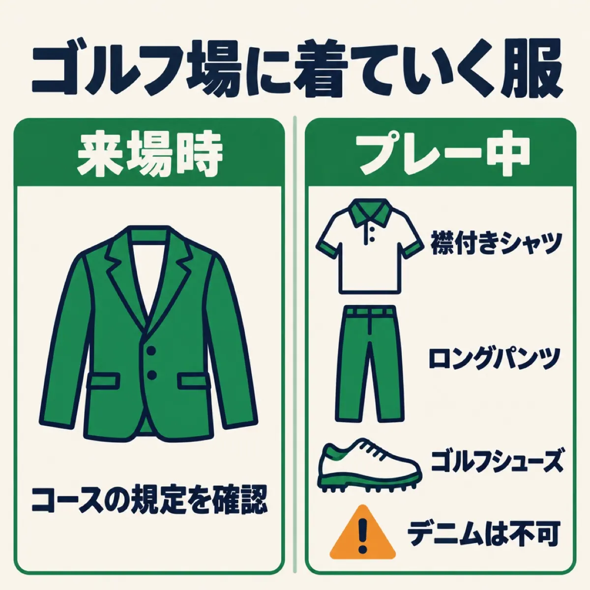 来場時はコースの規定を確認、プレー時は襟付きシャツ・ロングパンツ・ゴルフシューズを着る流れの図