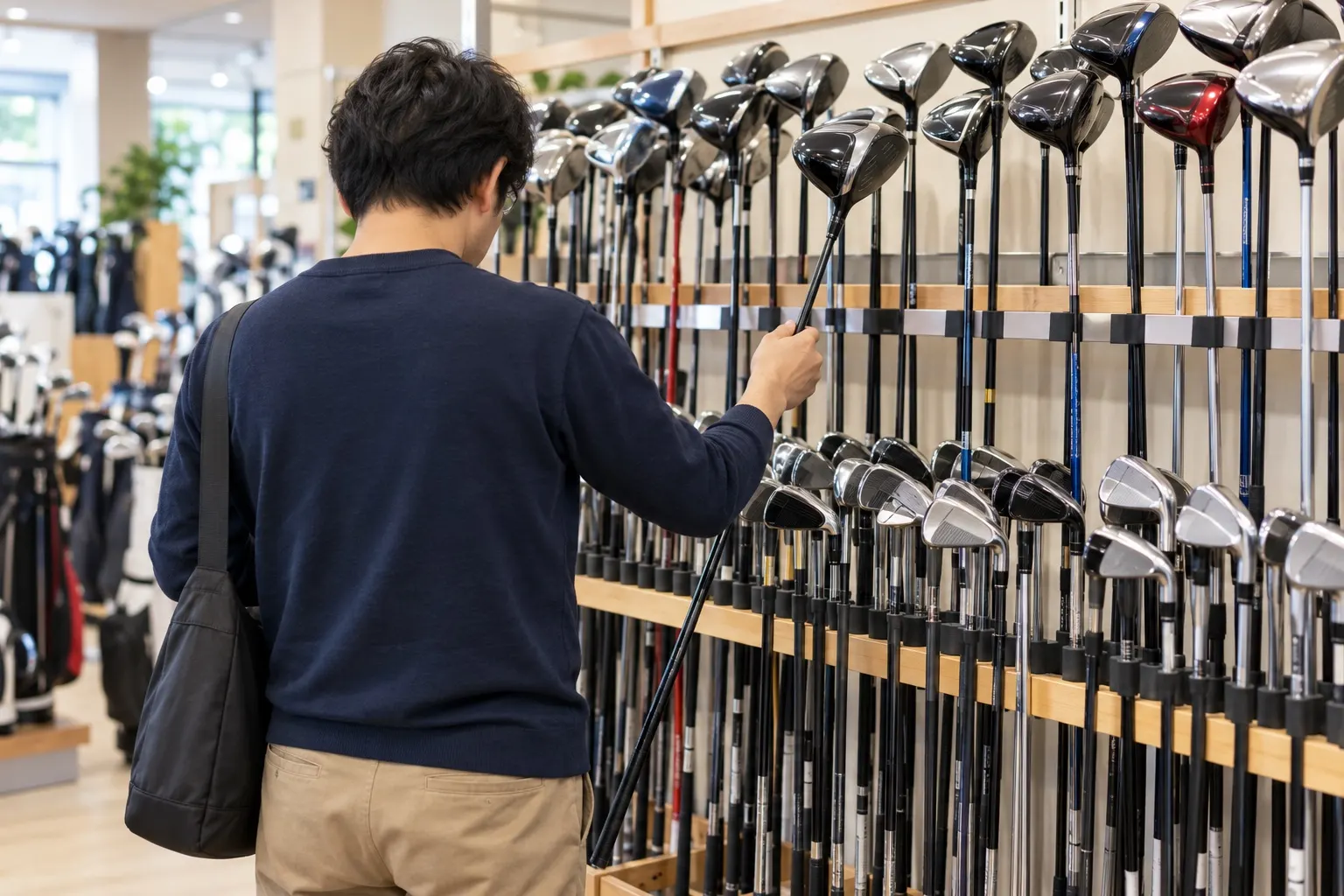 ゴルフショップの中古クラブの棚を見る人の後ろ姿(イメージ)