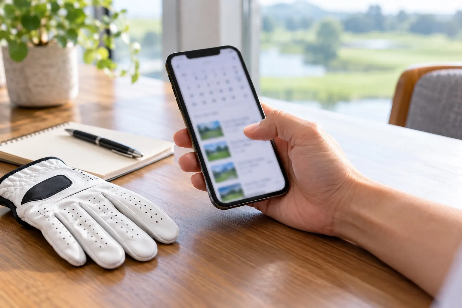 スマートフォンでゴルフ場の予約を確認する手元（イメージ）