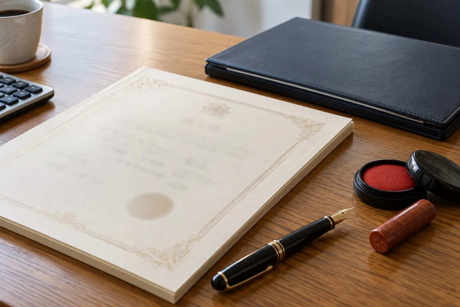机の上に置かれた書類とペン、印鑑（イメージ）