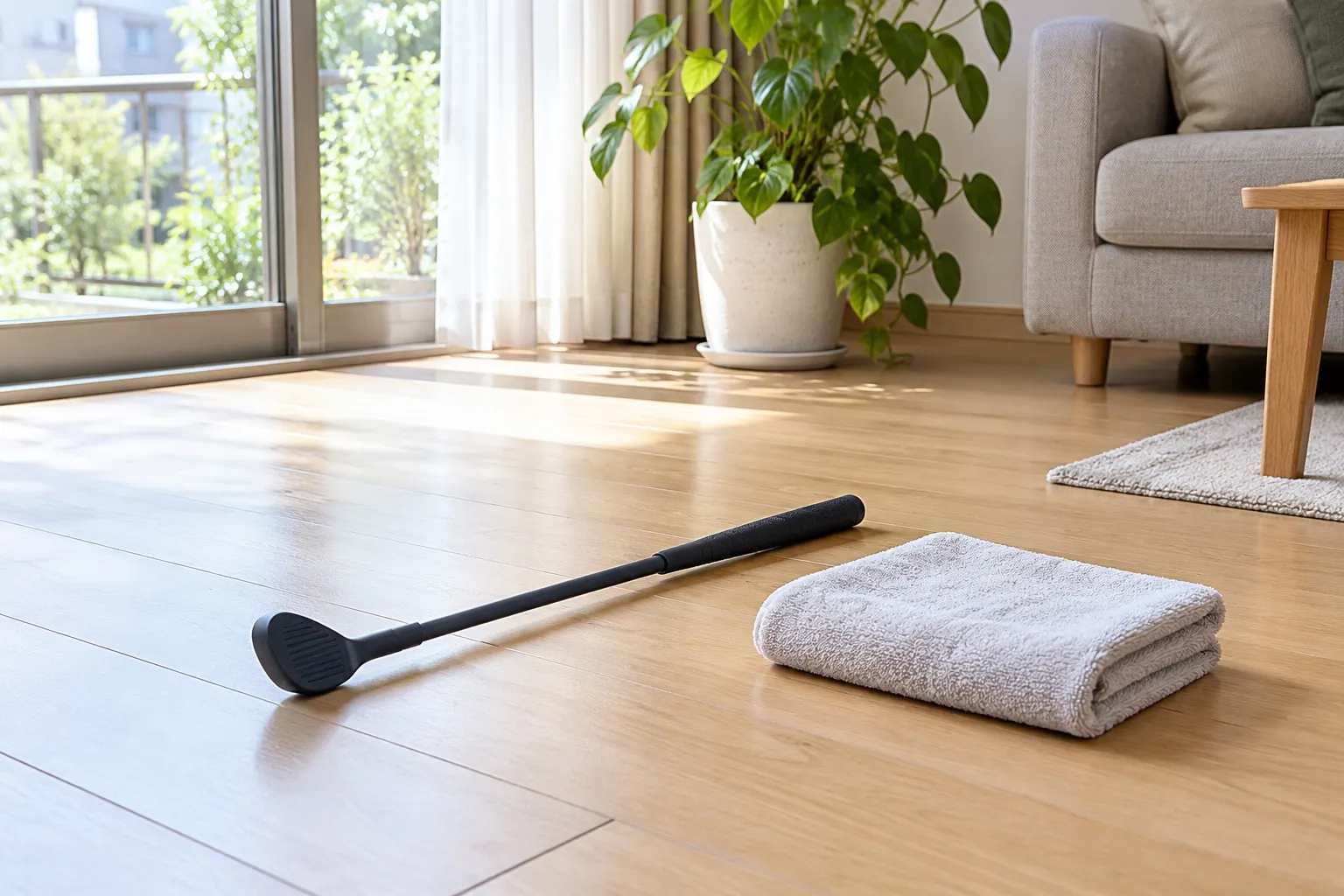 フローリングの部屋に置かれた短い素振り用の練習器具とタオル(イメージ)